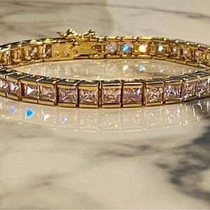 NEW Gold Over Sterling Silver Diamond Quality Pink CZ Tennis Bracelet